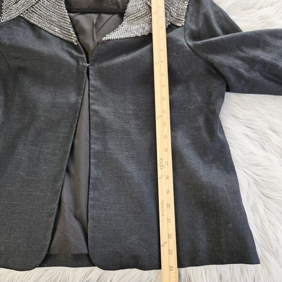 Chicos Black Linen Blend Blazer Sz 2 Large Silver Chain Collar Edgy Chic Office - Picture 11 of 11